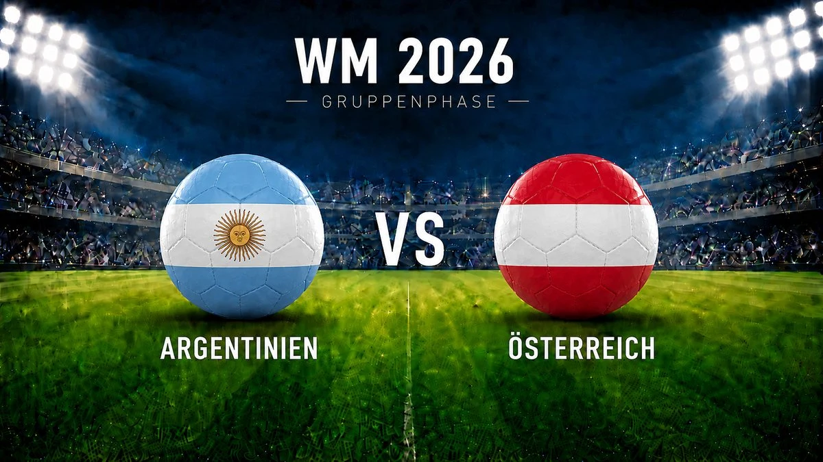 Grafik zum WM-2026-Gruppenspiel Argentinien gegen Österreich mit zwei Fußbällen in den Nationalfarben im Stadion
