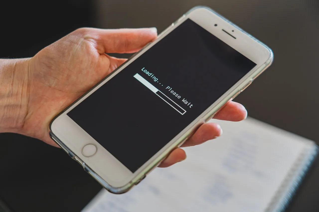 Hand hält ein Smartphone, auf dem Bildschirm ein Ladebalken mit dem Hinweis Please Wait